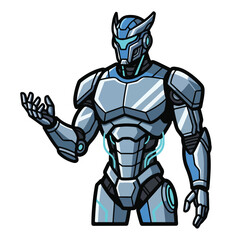 Fototapeta premium Robot character in futuristic metallic armor standing with one hand raised