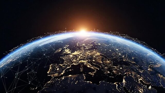 Earth from space with network connections, sunrise, global communication, futuristic technology