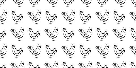 Seamless rooster and chicken pattern in outline icon style. Repeating vector background with farm poultry symbols. © IRYNA