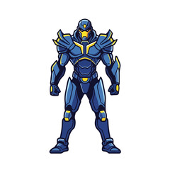 Fototapeta premium Cartoon blue superhero character in armor with yellow details standing strong