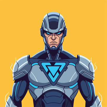 Cartoon superhero wearing futuristic silver and blue armor standing against orange background