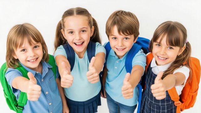 Four happy children with backpacks giving thumbs up isolated on white background