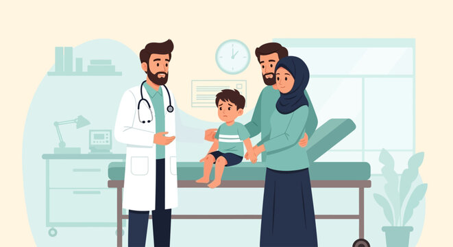 Muslim Family with Son Consulting Doctor for Circumcision in Clinic Illustration. This scene depicts a medical checkup or circumcision khitan consultation in a modern clinic.