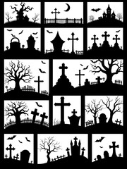 Obraz premium Halloween silhouettes set with haunted trees, crooked crosses, skulls with hollow eyes, ghosts, bats, cursed moon, graveyard fence, tombstones and rising hands from dark ground