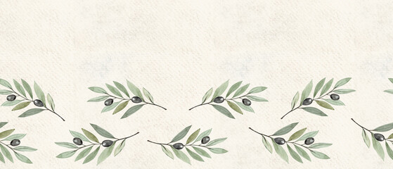Olive branch horizontal watercolor seamless border on textured beige. Illustration perfect for Christian design, Lent season, devotion projects, religious layouts. Symbol of peace, spiritual renewal. © Ekaterina