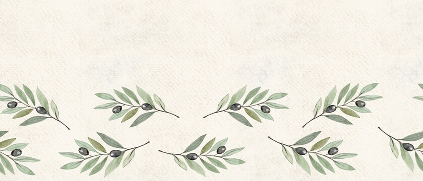 Olive branch horizontal watercolor seamless border on textured beige. Illustration perfect for Christian design, Lent season, devotion projects, religious layouts. Symbol of peace, spiritual renewal.