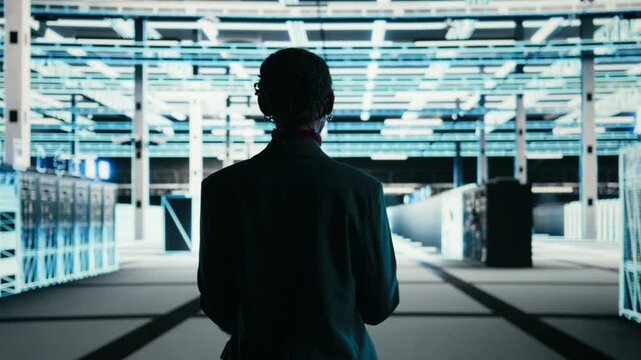 Software developer walks in data center, using tablet and AR technology to debug system errors. Server farm IT professional runs diagnostics on blue wireframe mesh equipment supercomputers, camera A