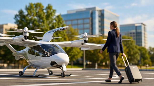 Woman with luggage walking towards an evtol aircraft, urban air mobility, future transportation