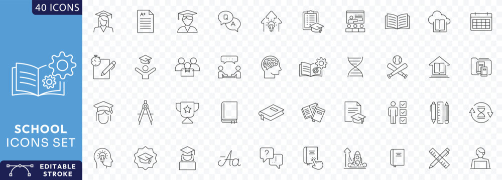 School icon set. Education and knowledge icons. Containing Learning, classroom, students, online education, Etc. Fully Editable. Vector illustration.