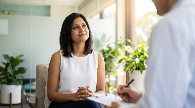 Young indian woman consulting with a doctor or therapist in a bright office