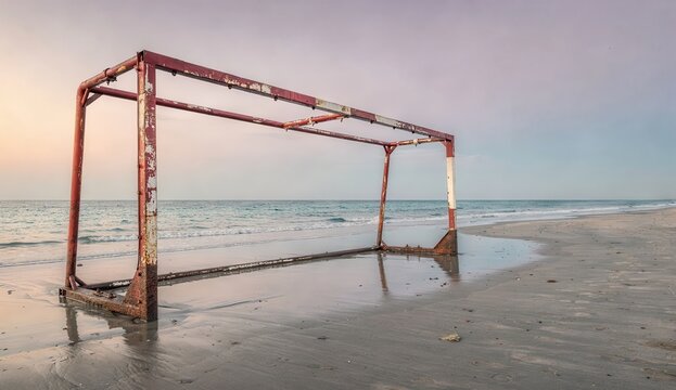 Abandoned rusty football (soccer) goal on empty beach, climate change and erosion concept, desolate coastal landscape with dramatic sky background