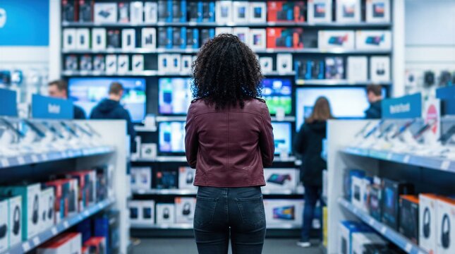 Woman shopping for electronics in a large retail store, looking at display walls of products
