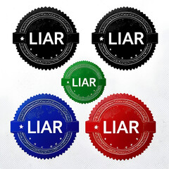 Fototapeta premium LIAR seal prints with corroded surface. Black, green,red,blue vector rubber prints of LIAR title with dirty surface. Rubber seals with round, rectangle, rosette shapes.
