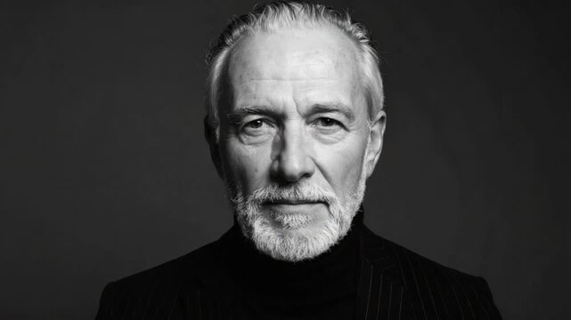 Black and white portrait of a distinguished senior man with a beard