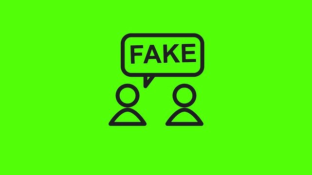 Truth and Deception: A minimalist graphic depicts two individuals exchanging dialogue bubbles, the word FAKE looms large, conveying the idea of deceit and illusion. 