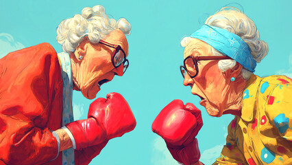 ボクシンググローブをはめて対峙する派手な衣装の二人の老女