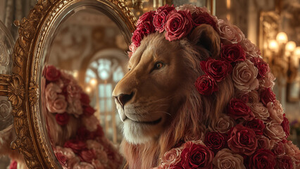 首周りに豪華な赤いバラを纏った威厳あるライオンの肖像
