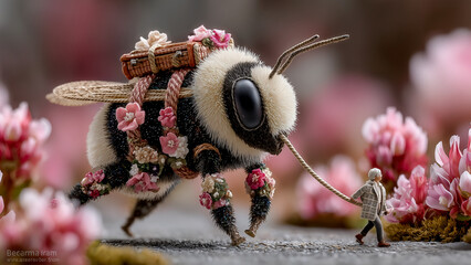 小さなバックパックを背負って花の上を歩くミツバチ