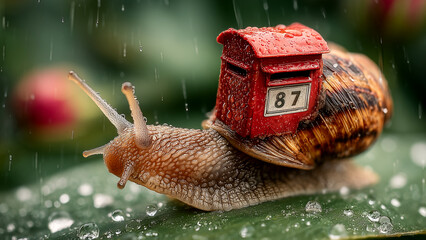 赤い郵便受けを背負って進む小さなカタツムリのシュールな様子