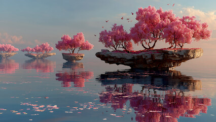 穏やかな水面に浮かぶ満開の桜の木がある幻想的な島々