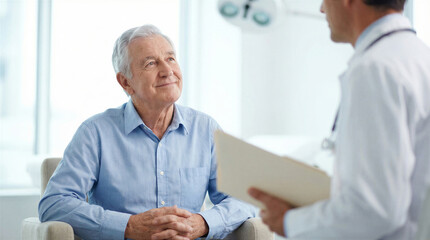 Obraz premium Smiling senior man in consultation with doctor, discussing health and wellness