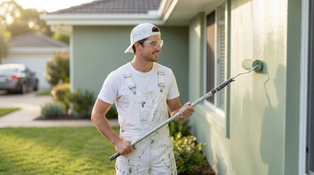Man painting house exterior with roller, home improvement and renovation project