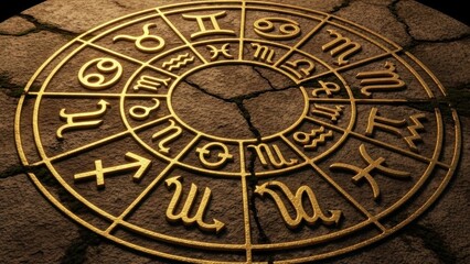Obraz premium Golden Zodiac Wheel Astrology Symbols on Cracked Stone Background