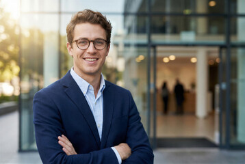 Fototapeta premium Confident young businessman smiling with arms crossed outside modern office building