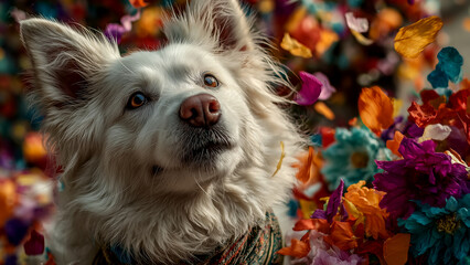花冠を被り色鮮やかな花々に囲まれた白い犬のポートレート