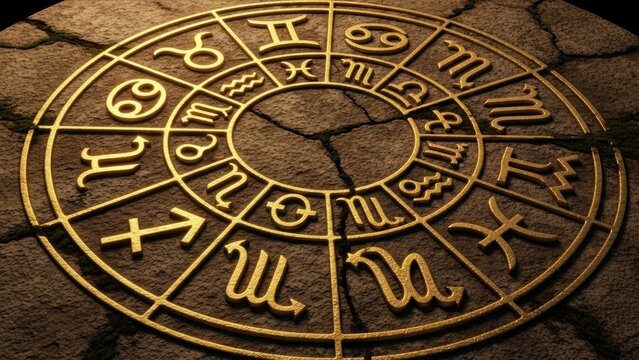 Golden Zodiac Wheel Astrology Symbols on Cracked Stone Background