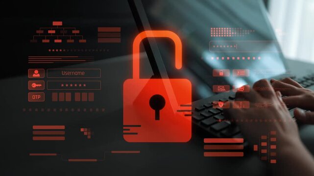 Digital security concept illustrating a cybersecurity breach, with a red unlocked padlock indicating data exposure among secure systems, emphasizing system vulnerability and risk Marrow