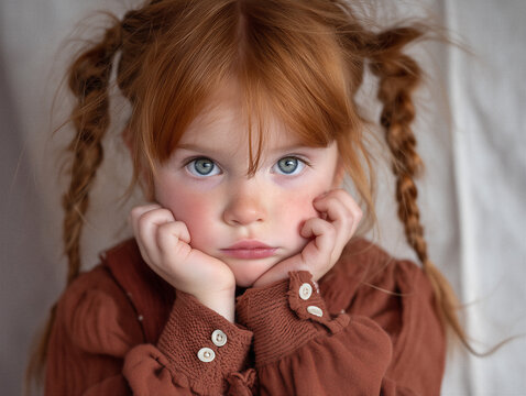 Close-up portrait of cute redheaded girl with braids and blue eyes, moody expression