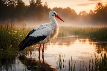 White Stork standing in a misty marsh at sunrise