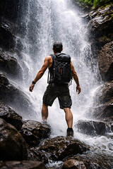 Powerful hiker standing under a massive mountain waterfall