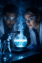 Two scientists observing a glowing chemical reaction in a laboratory