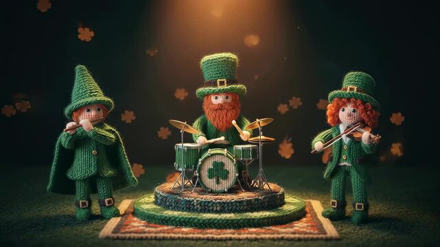 Knitted leprechaun band playing various instruments with blinking shamrock background for St Patrick day celebration