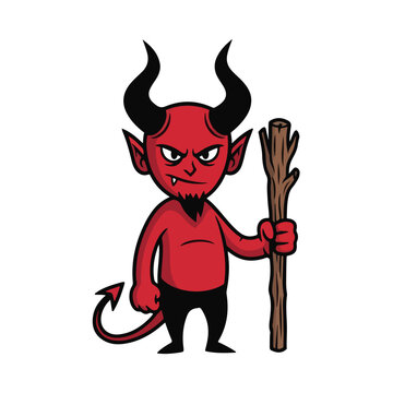 Cartoon devil character holding a wooden stick