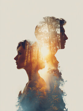 Double exposure portrait of man and woman with forest sunrise, relationship concept
