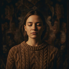 Serene Woman with Closed Eyes in a Cable Knit Sweater