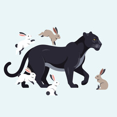 Obraz premium Black panther walking with group of rabbits on light blue background