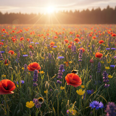 Vibrant Meadow of Wildflowers at Golden Hour