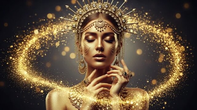 Woman adorned with golden jewelry and headdress, surrounded by sparkling dust