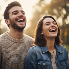 Cheerful young couple laughing together outdoors