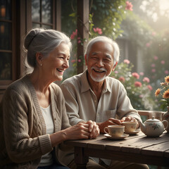 Senior Couple Enjoying Tea on a Sunlit Porch