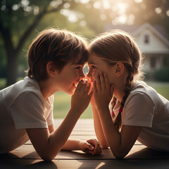 Children whispering secrets on a wooden porch