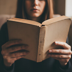 Close up of a person reading an old vintage book