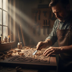 A master woodworker carving an intricate floral pattern in a sunlit workshop