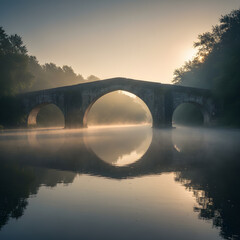 Ancient Stone Bridge Over Mist Covered River