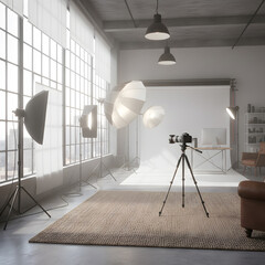 Professional photography studio setup in a modern industrial loft