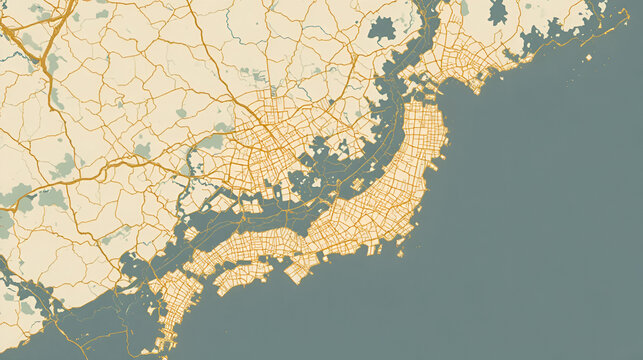 Flat city map of Honcho, Japan in cream map with gold lines